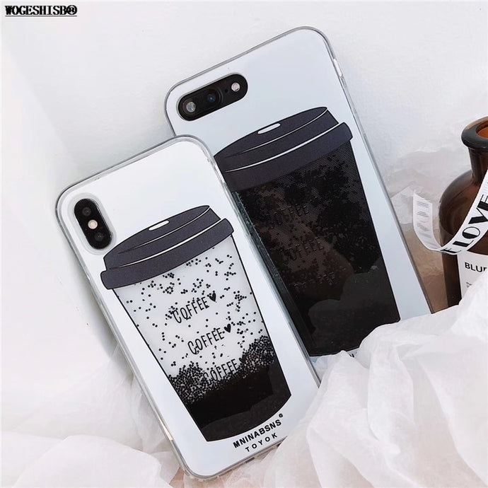 Luxury Black Coffee Cup Case for iPhone 7 Cool Dynamic Liquid Quicksand Phone Case For iPhone 6 6S 7 8 Plus X 10 Cases Cover