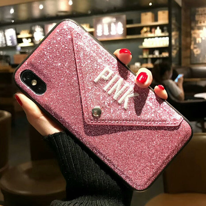 Luxury PINK Glitter Embroidery Leather iPhone Case